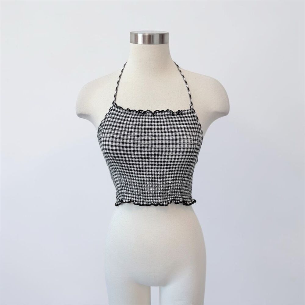 Bozzolo Y2K Black White Gingham Halter Tank Top Smocked Medium Square